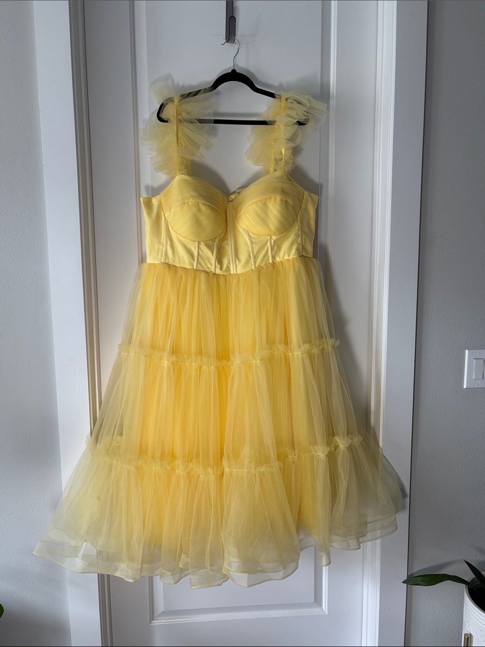 Yellow Tulle Tiered Formal Dress with Ruffle Shoulder Straps plus Size Capable
